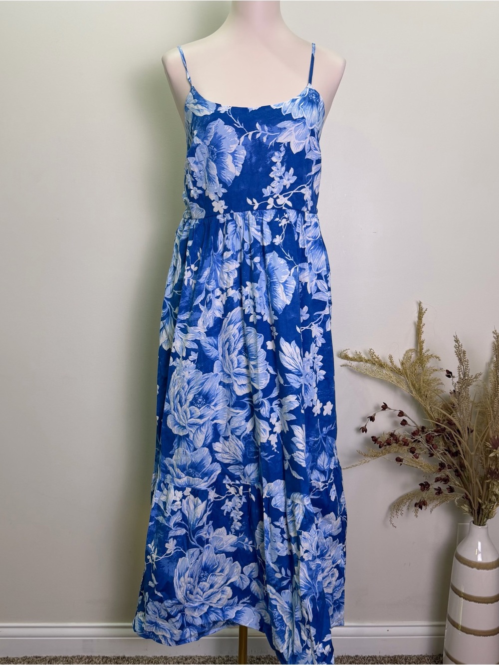 Joie Size 14 Blue & White Floral Cotton Spaghetti Strap Maxi Dress with Pockets